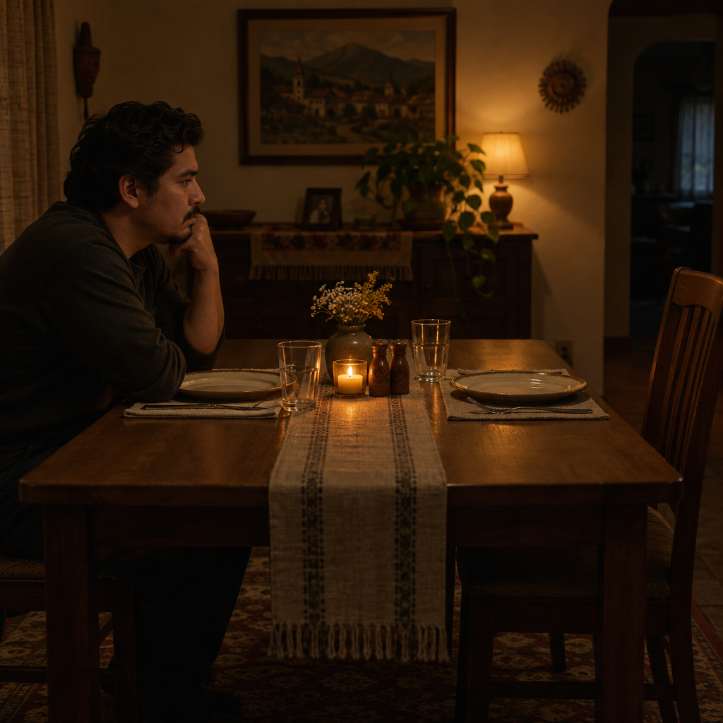 Latino man sitting alone at a dining table, two plates set, one untouched, staring at the empty seat across from him