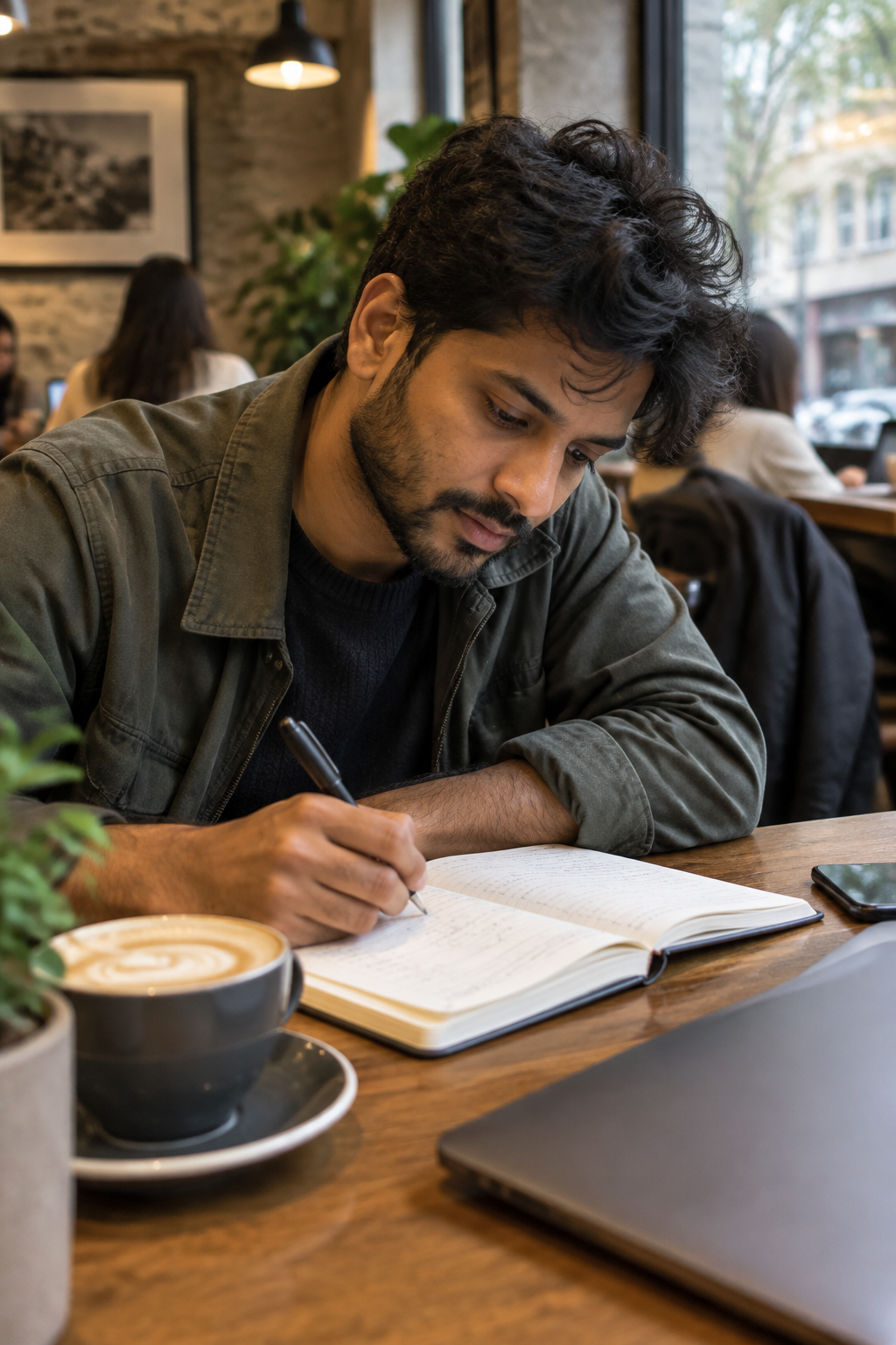 Man at coffee shop focused on workbook