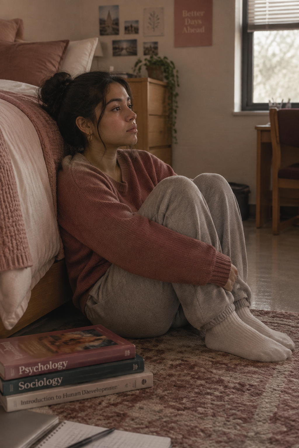 Young Latina woman sitting on dorm room floor, reflective and thoughtful