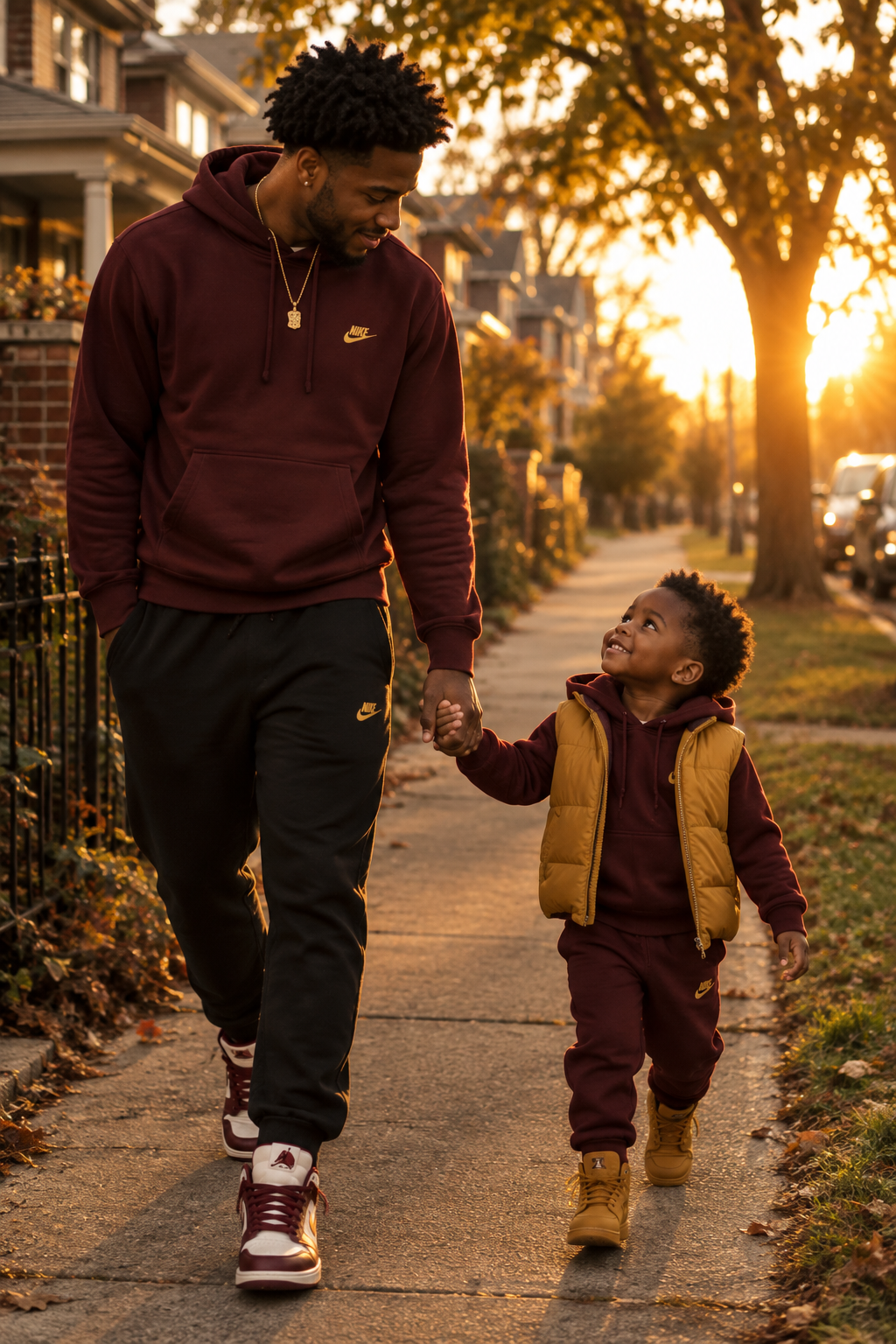 Young Black father walking hand-in-hand with his child at golden hour