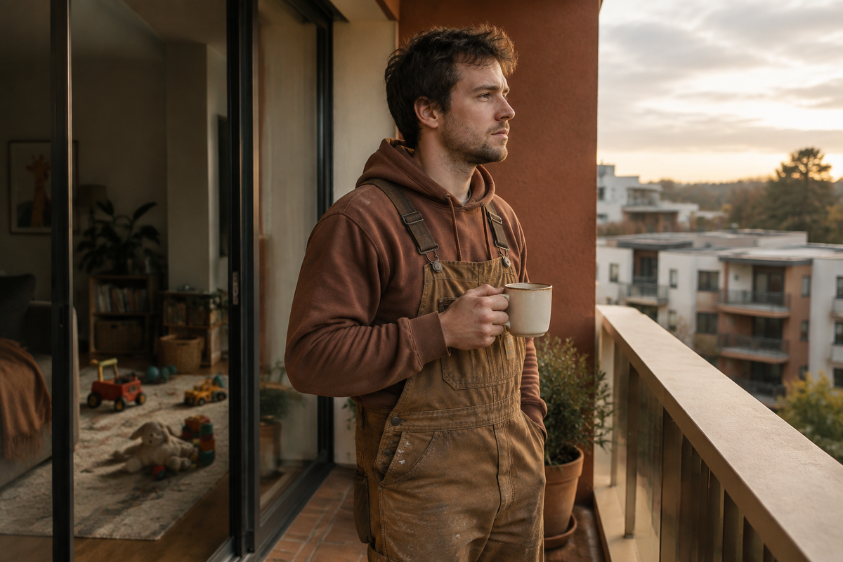 Young white father standing on apartment balcony with coffee in a quiet stolen moment