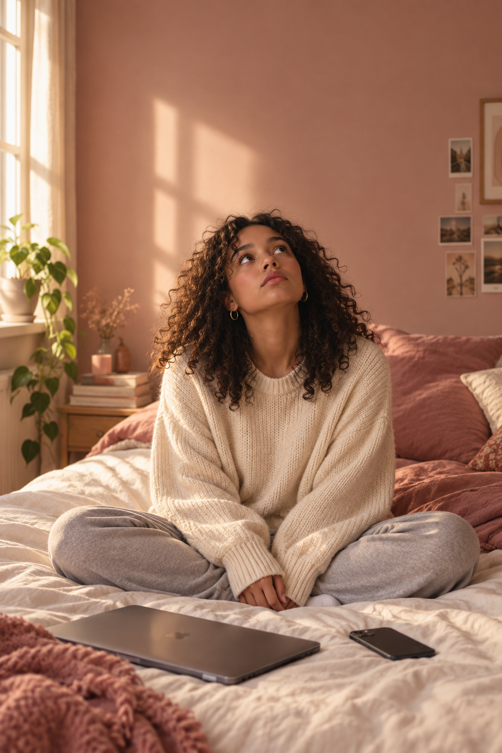 Young woman sitting alone on her bed, staring at the ceiling, comfortable in her solitude