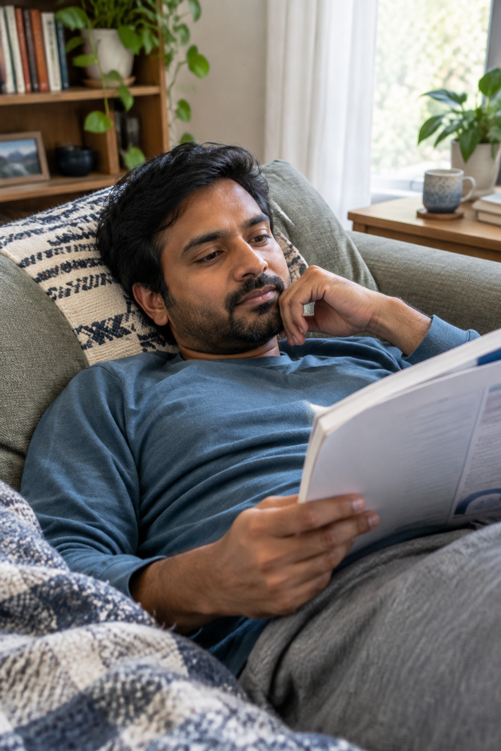 South Asian man reading workbook on couch, relaxed