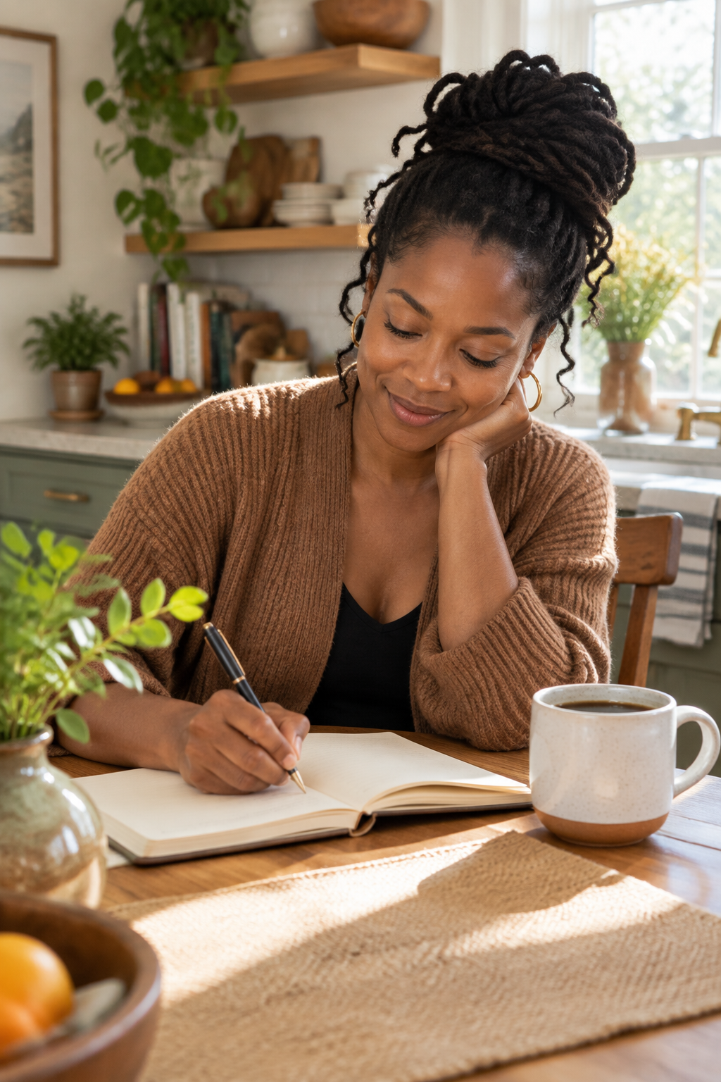 Black woman journaling at kitchen table, calm and smiling