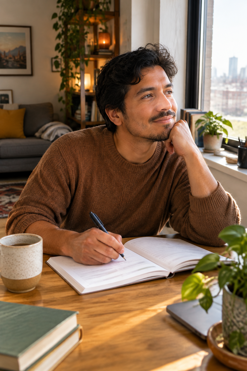 Latino man writing in workbook at desk by window