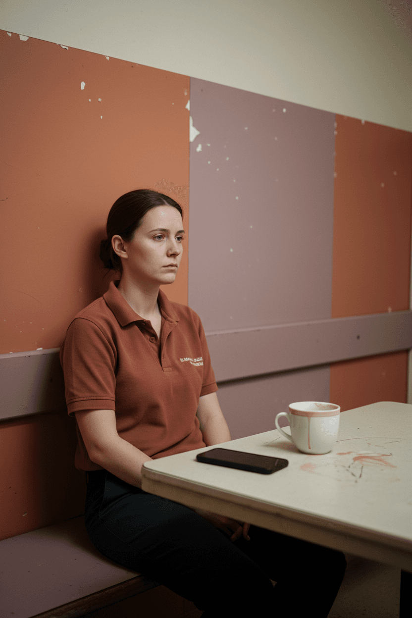 Woman in work uniform alone in break room, phone face-down, hollow expression