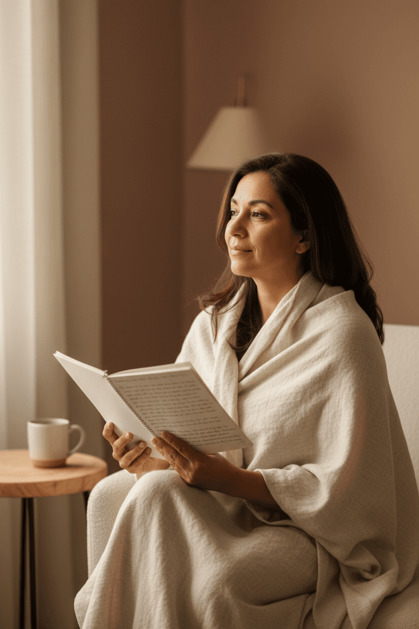The Intimacy Reset - Latina woman in linen wrap with journal