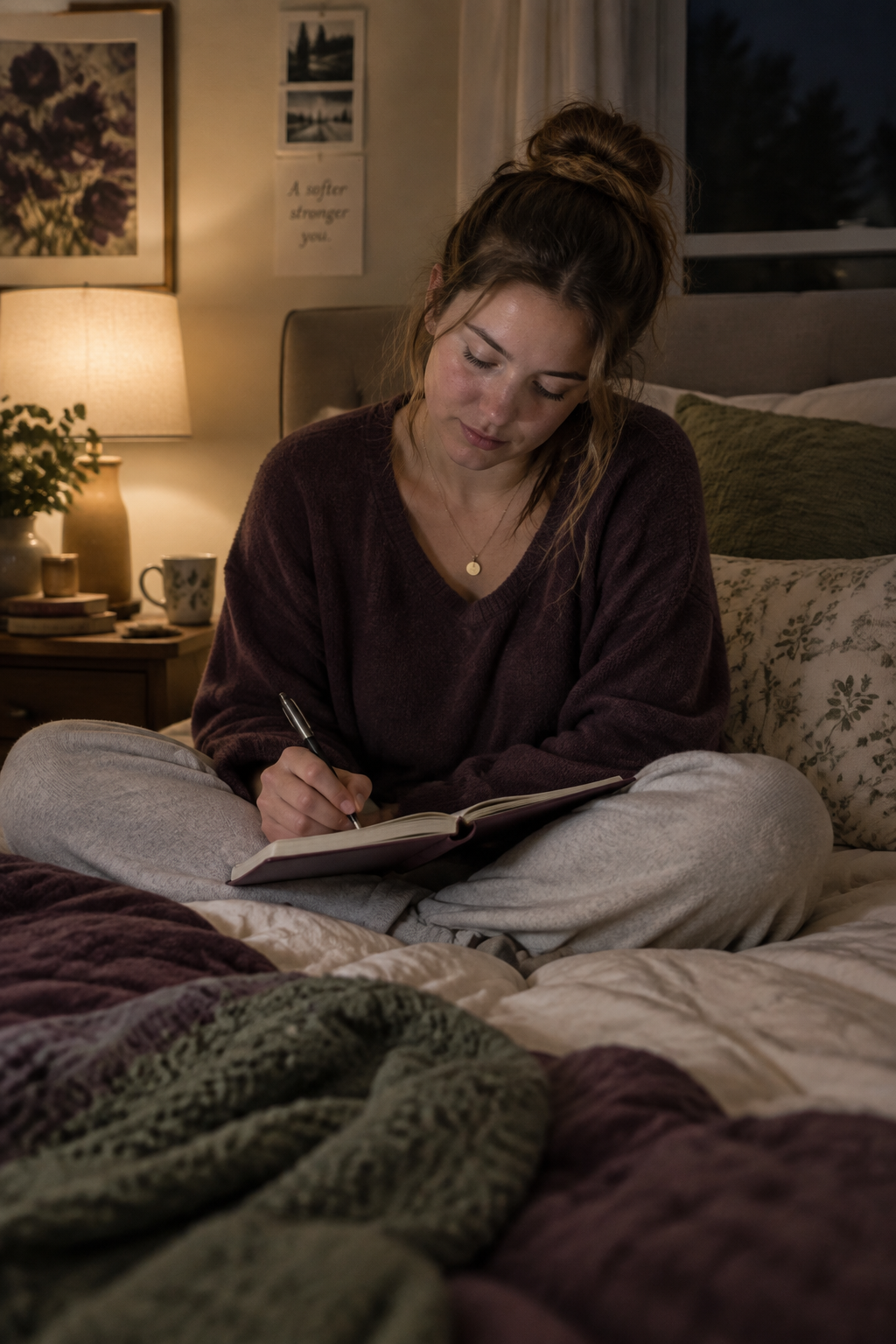 Young white mother journaling quietly on her bed after her child is asleep