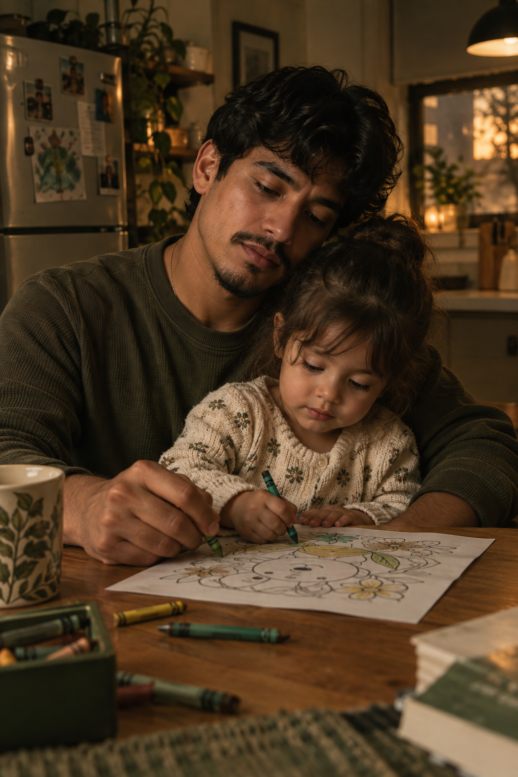 Young Latino father at kitchen table coloring with his child on his lap