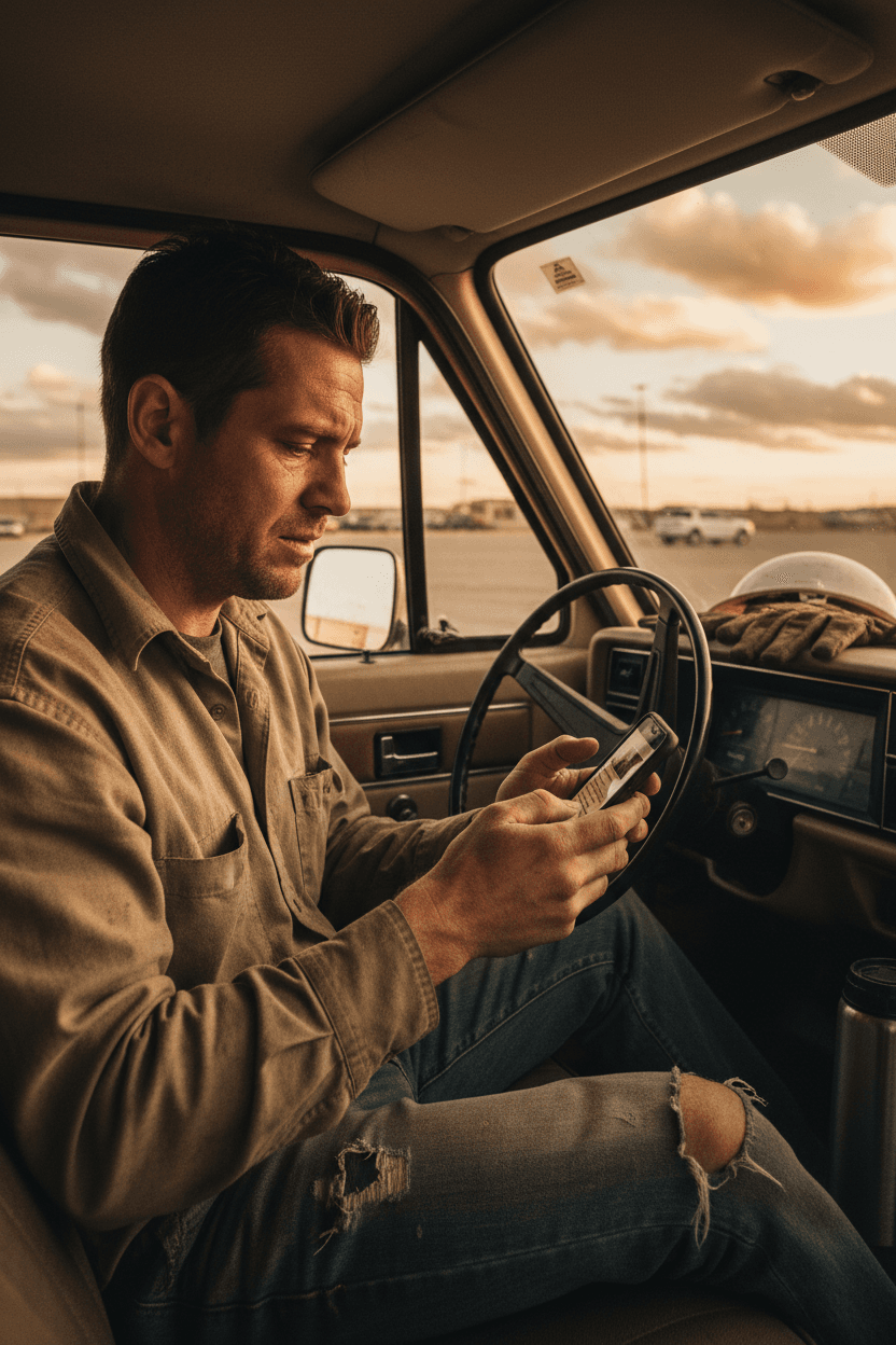 Man in work clothes in car after shift, looking at phone, holding grief together