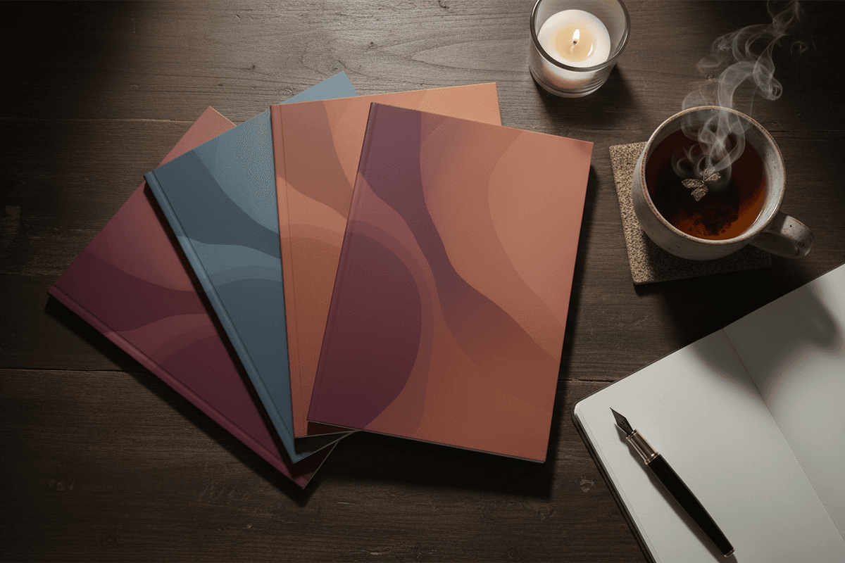 Lifestyle mockup — The Untangling Collection three workbooks fanned on dark wood with tea and candlelight