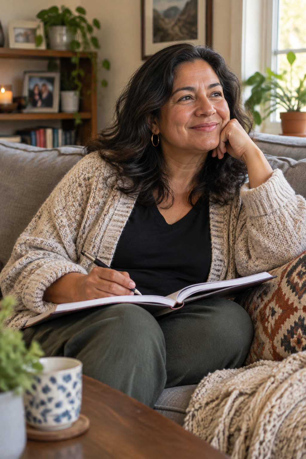 Latina woman on couch with workbook, soft smile