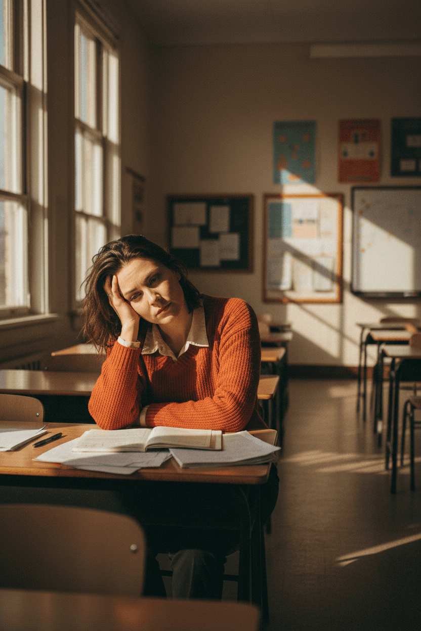 Teacher alone at classroom desk after school, emotionally exhausted