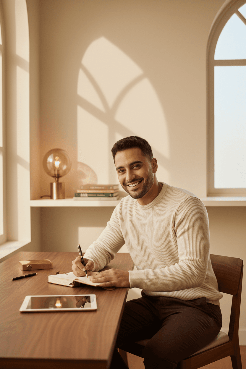 The Court Her Playbook - Latino man journaling at desk