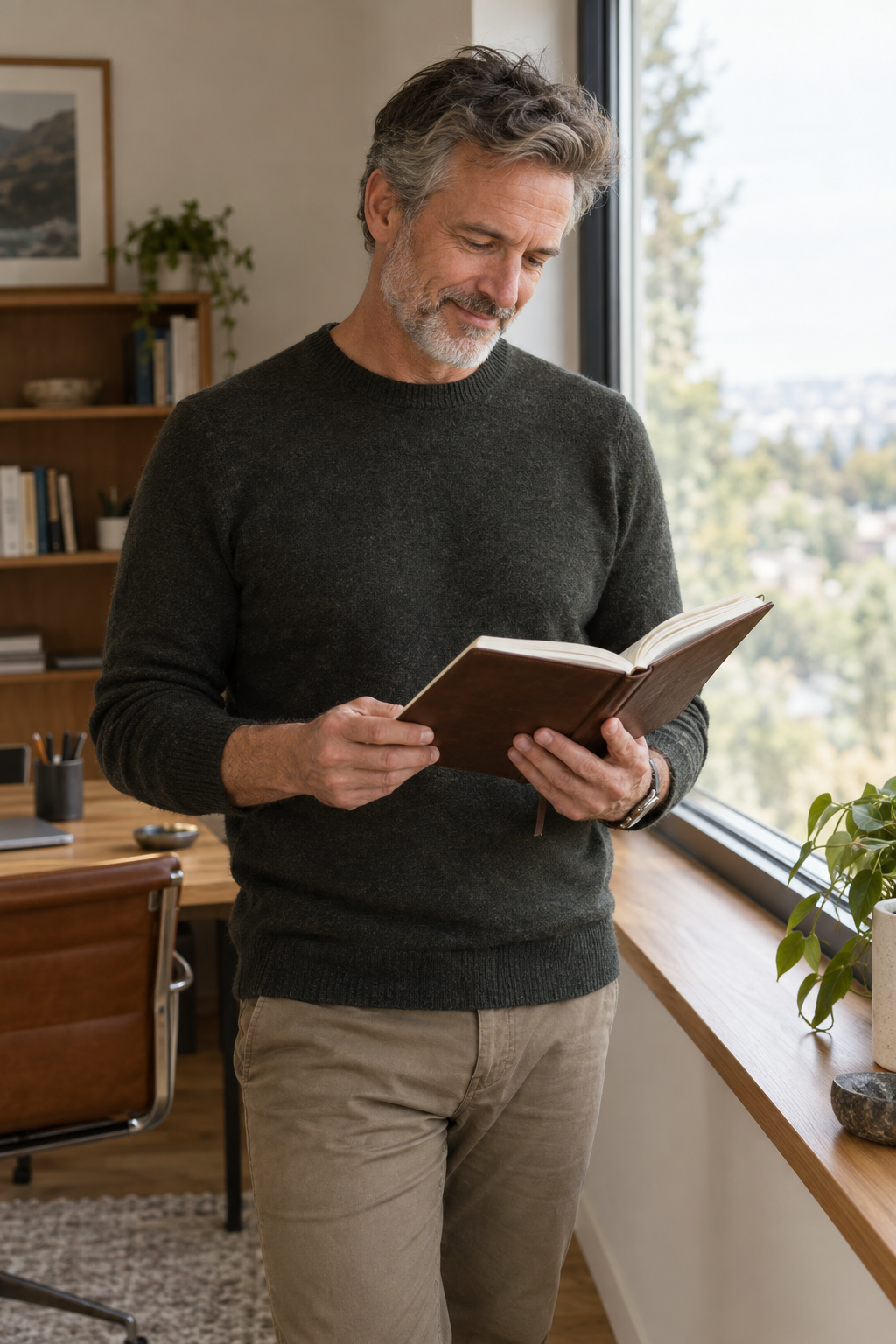 White man in his 50s reading journal by window, natural light