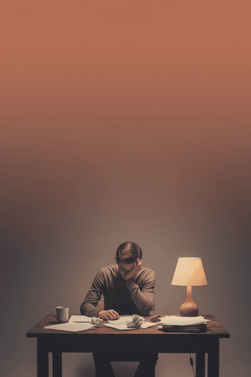 When Money Gets Scary — lone figure at lamp-lit table, terracotta and mauve cover