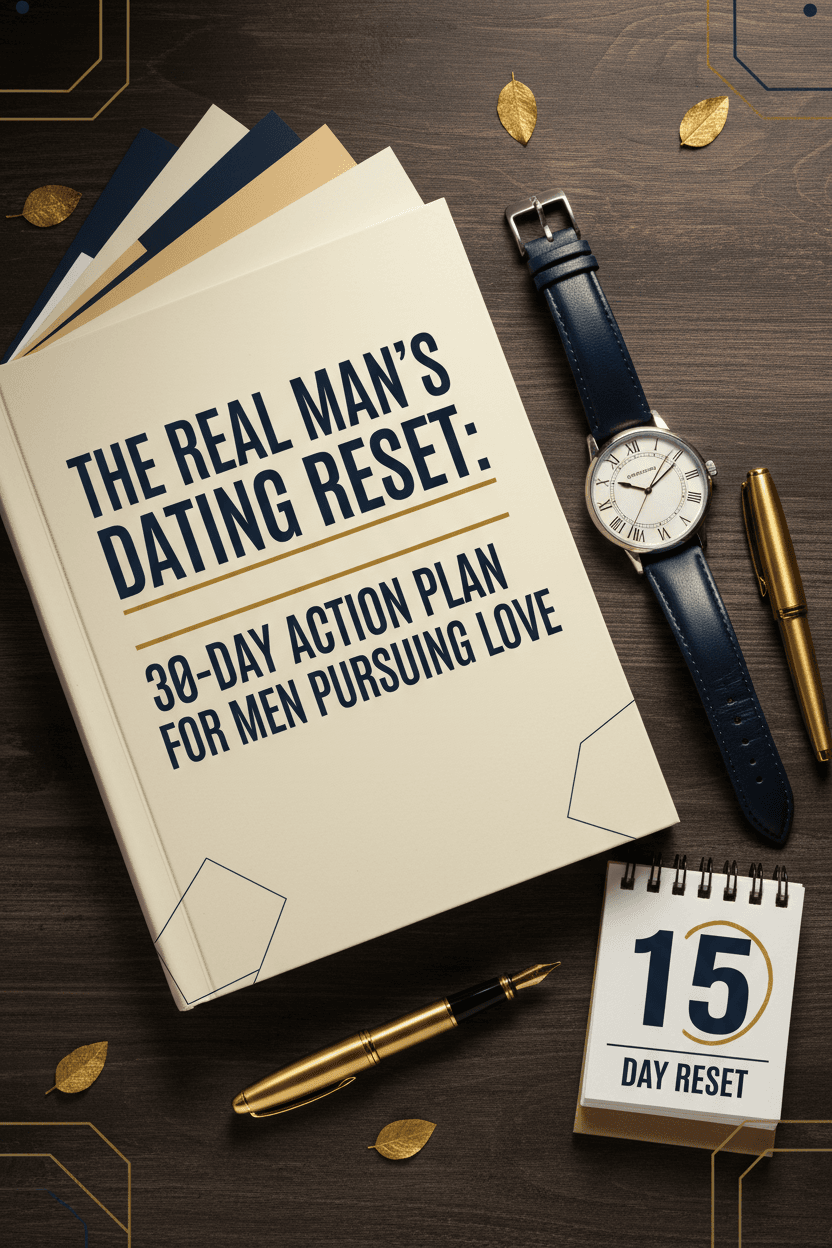 The Real Man's Dating Reset - cover flat lay with action plan and watch