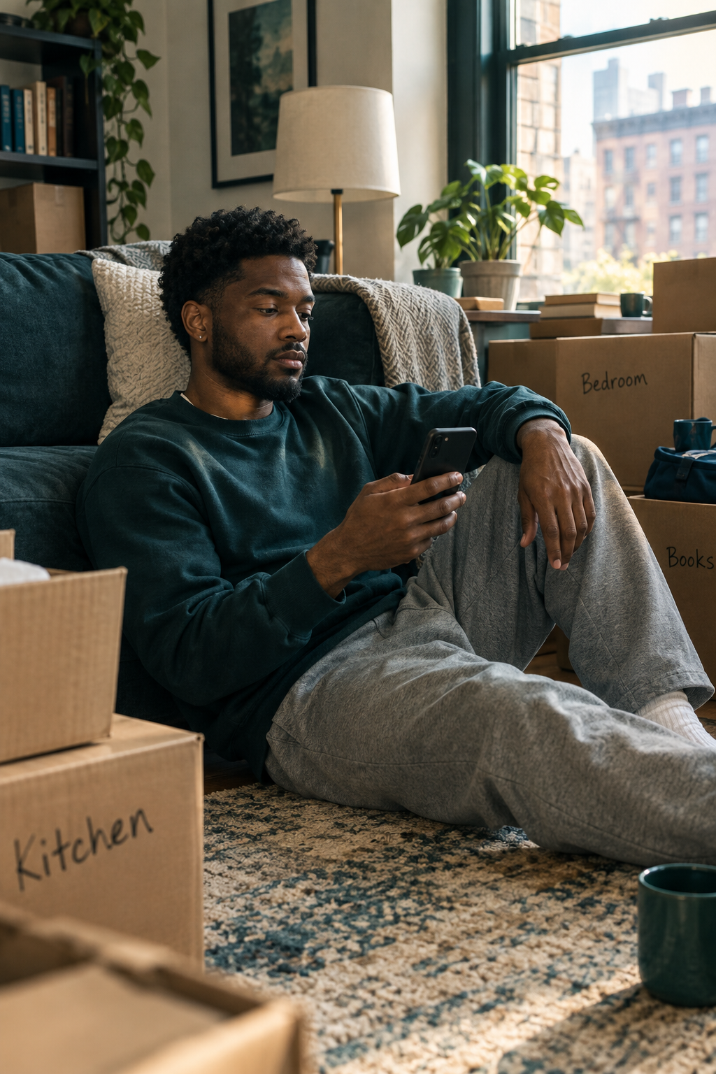 Young Black man sitting on apartment floor surrounded by moving boxes, calm and resolved