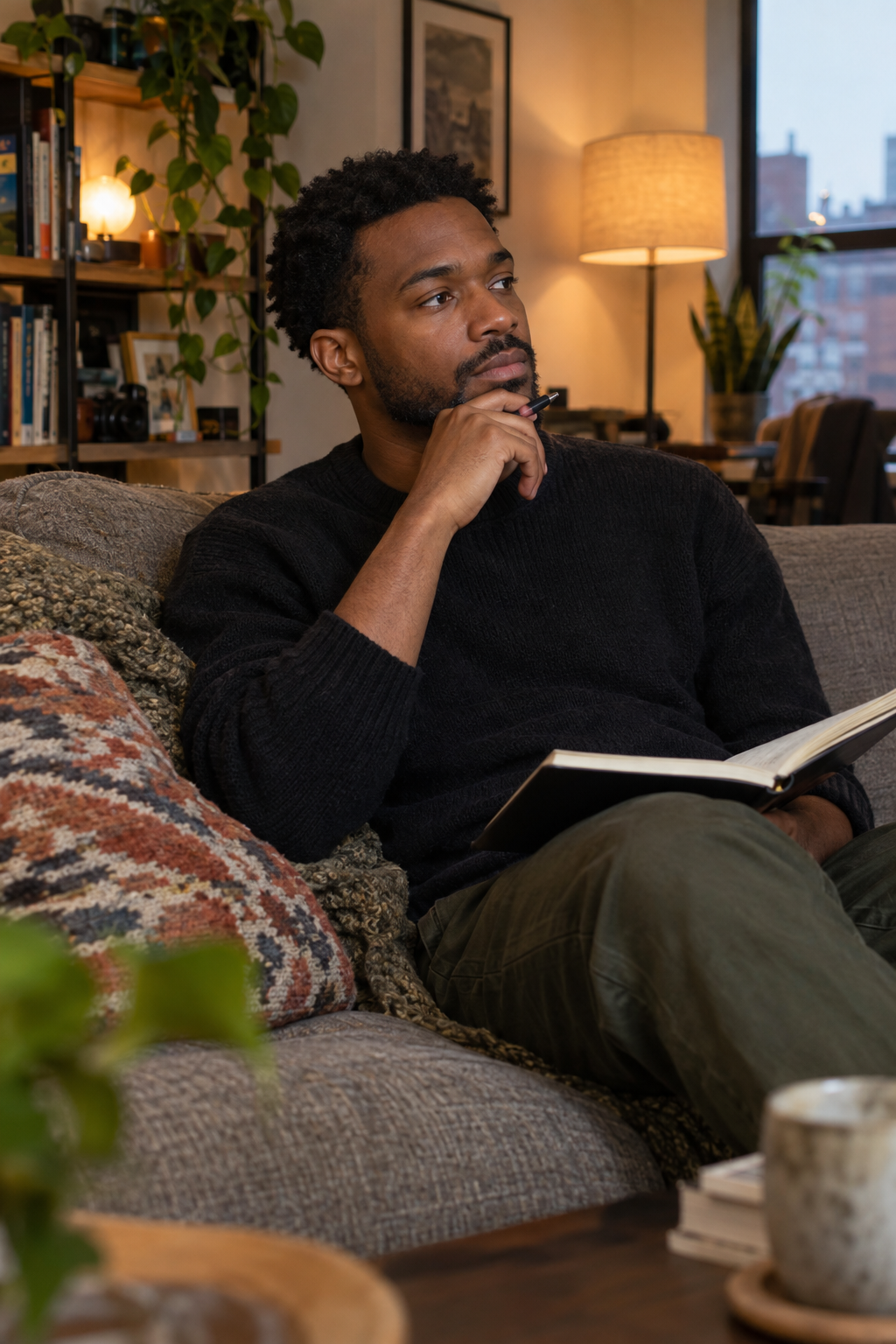 Man on couch with notebook, thoughtful moment