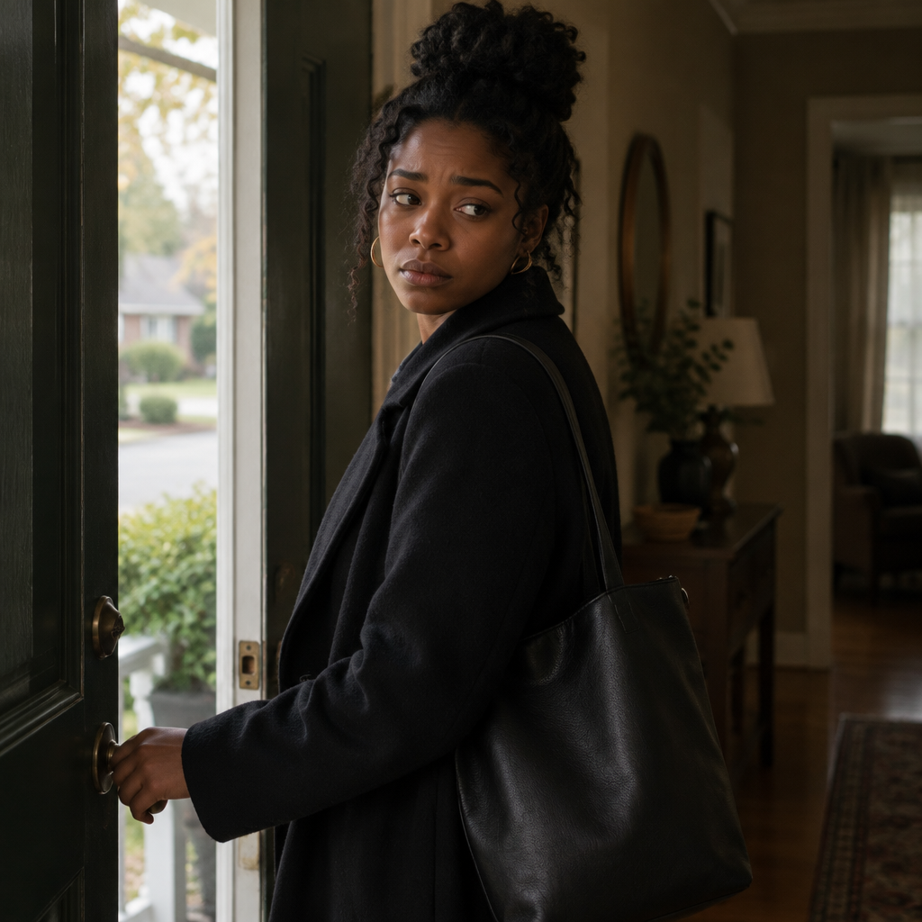 Black woman standing at a front door, hand on the doorknob, pausing — torn between leaving and staying