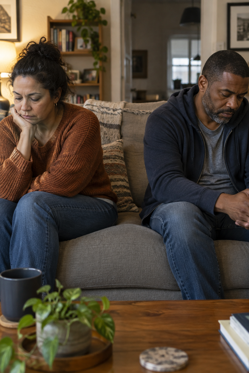 Multiracial couple sitting apart on couch, emotional distance