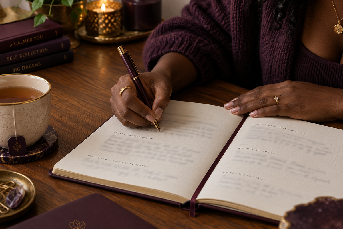 Close-up of hands writing in a journal on a warm wooden desk
