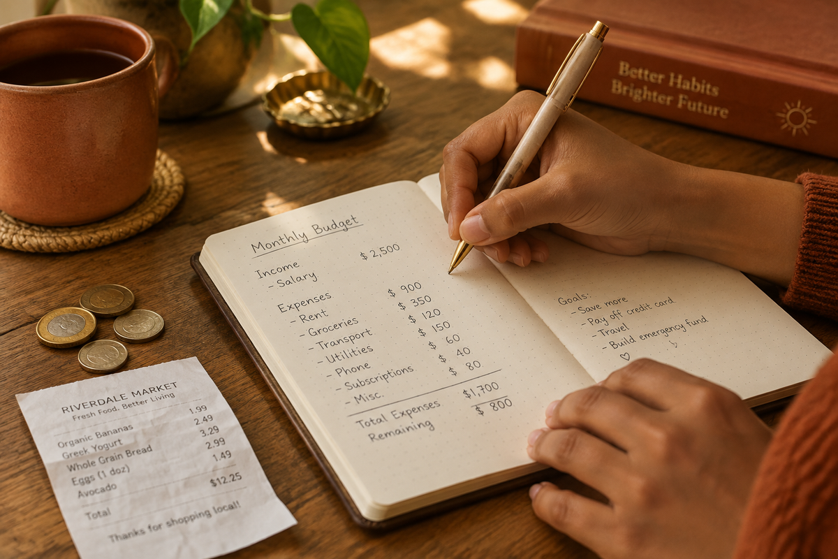 Close-up of hands writing in a budget notebook with coins and a receipt nearby
