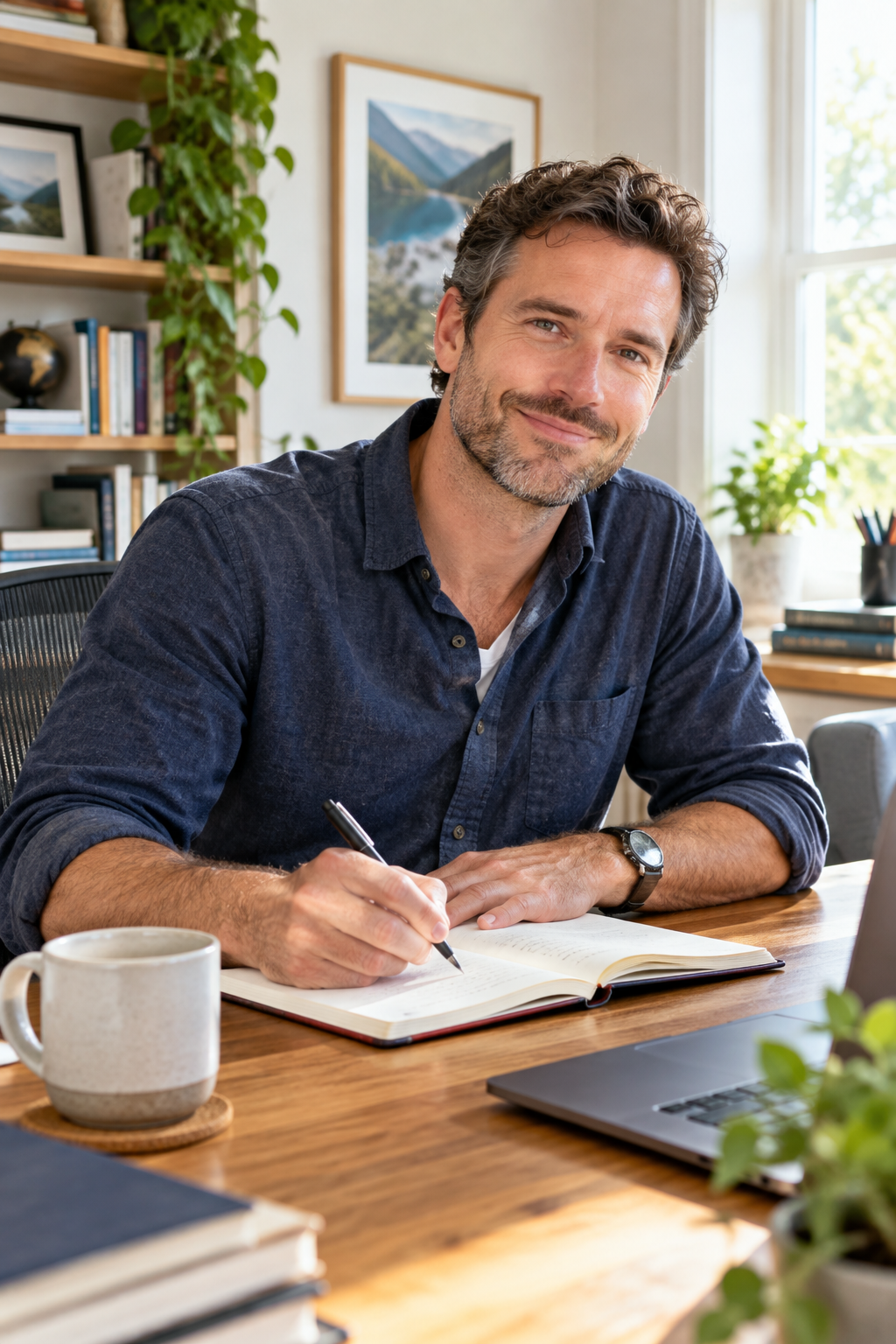 White man journaling at desk, confident and relaxed