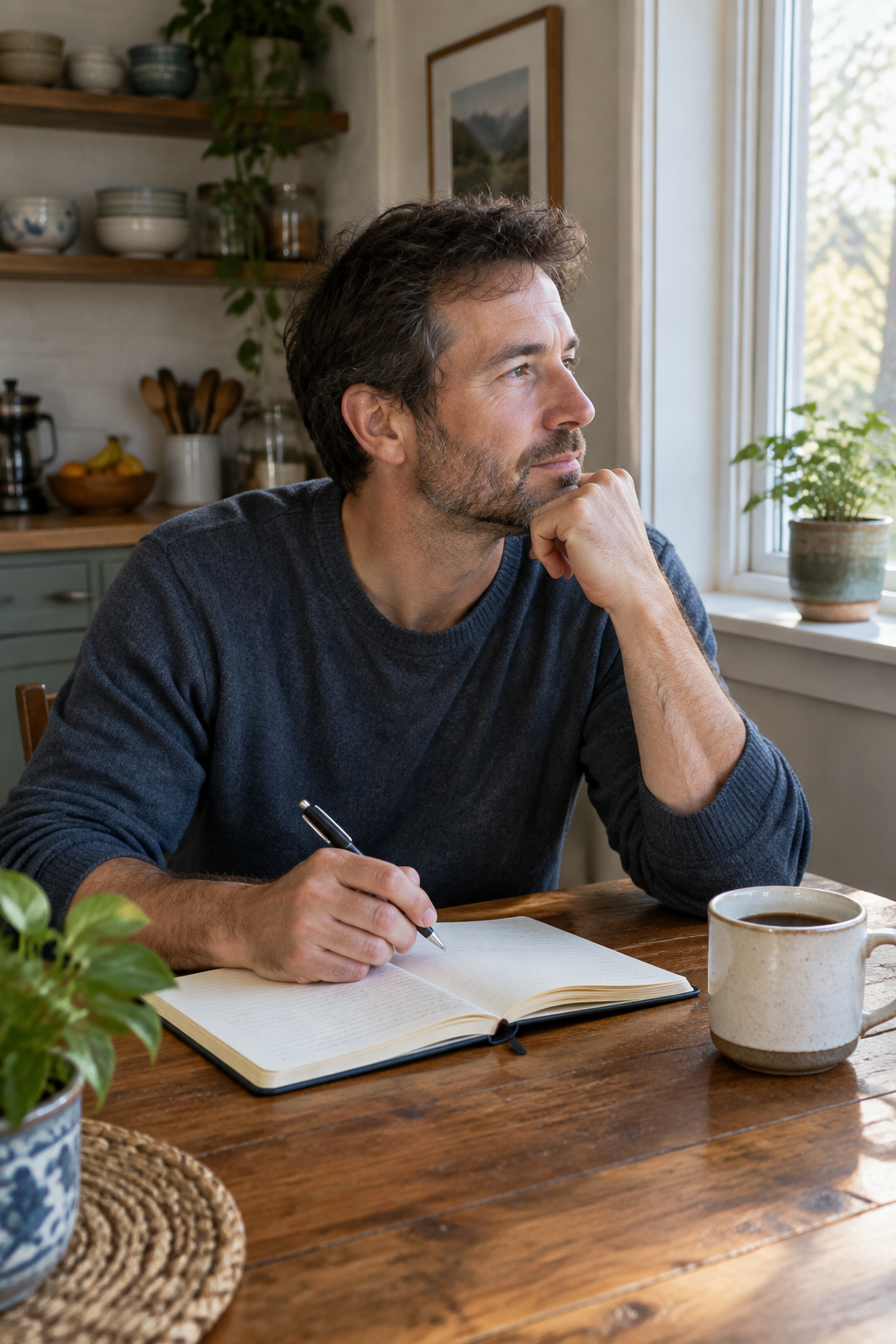 White man journaling at kitchen table, morning light