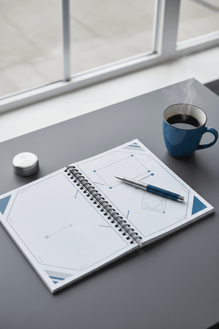 Editorial flat lay of workbook on slate desk with pen and coffee