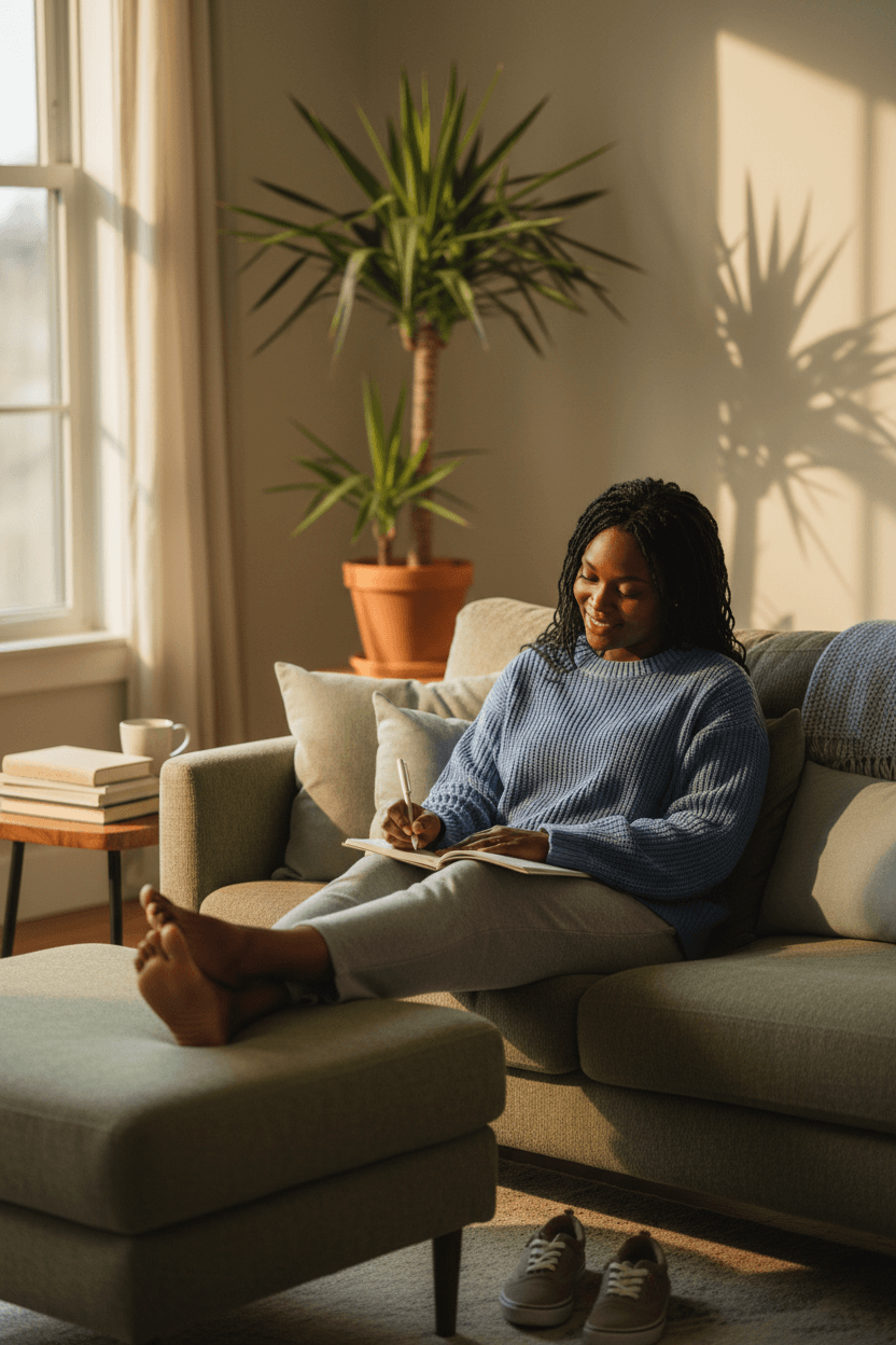 Black woman on couch after work, writing in workbook, expression lighter and relieved
