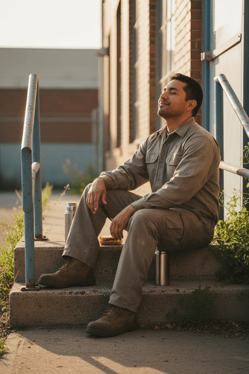 Latino man in work uniform sitting on steps, eyes closed, relieved smile
