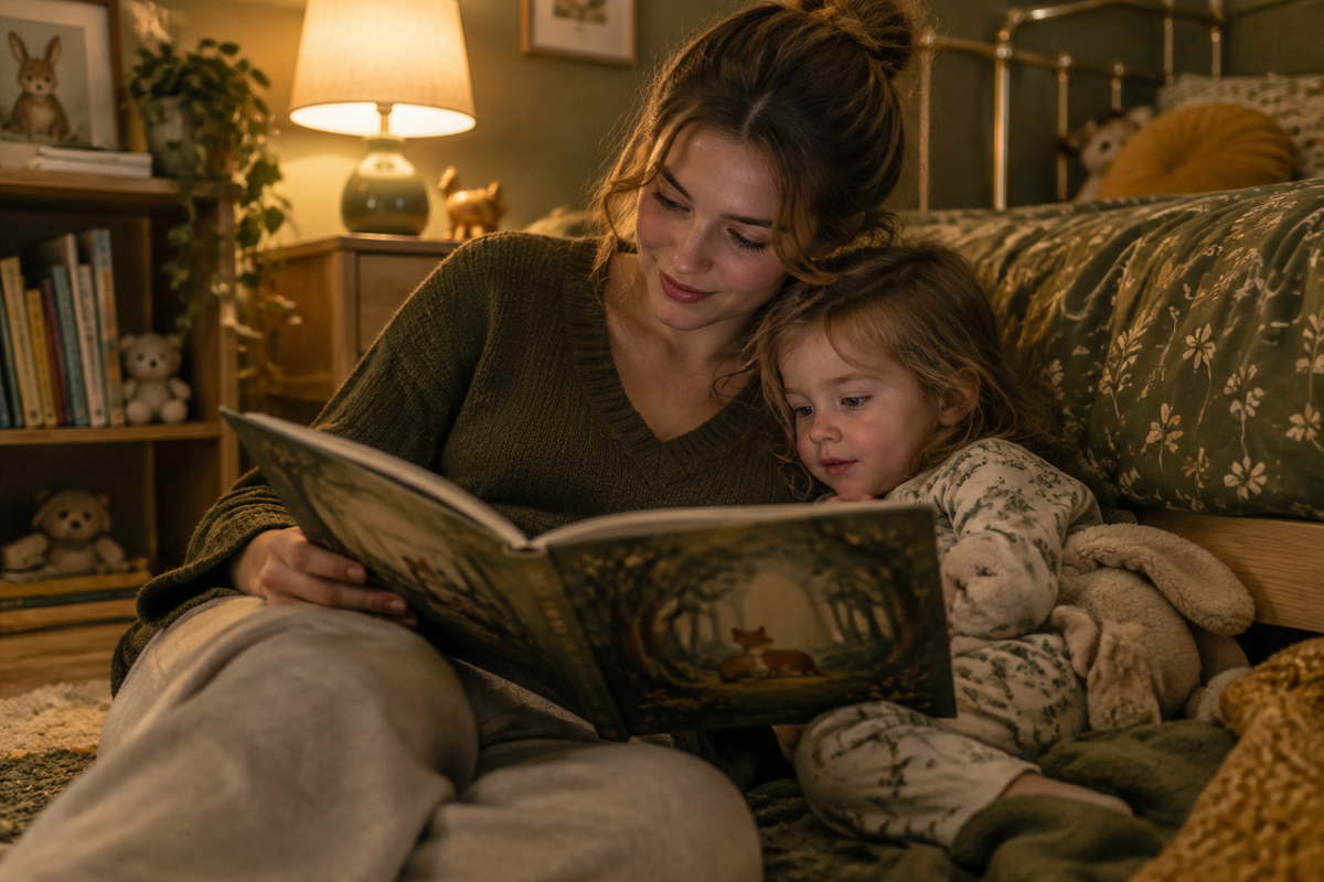 Young white mother reading a picture book to her child on the floor of a bedroom