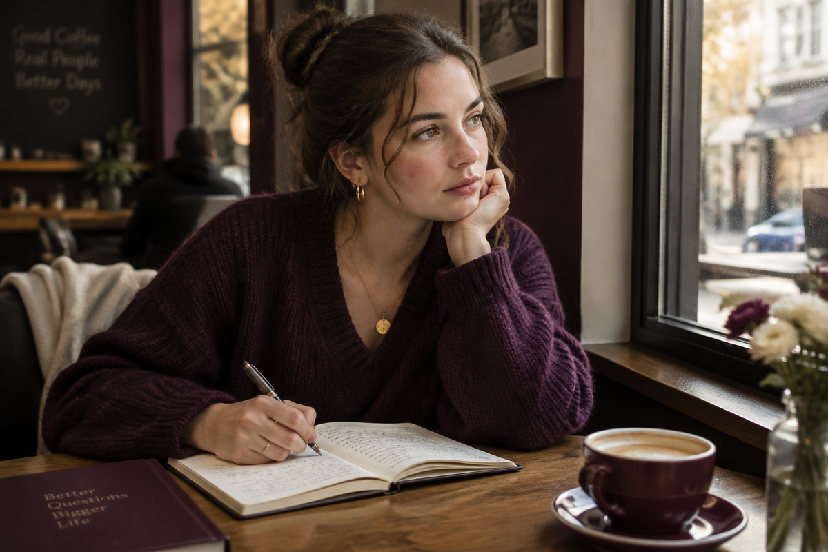 Young white woman journaling alone at a coffee shop table