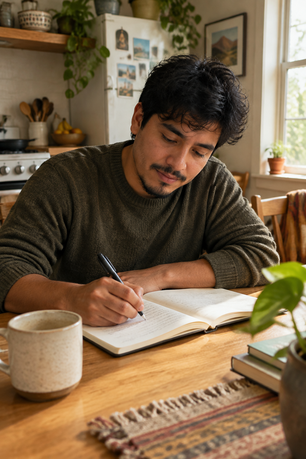 Man journaling at kitchen table, morning light