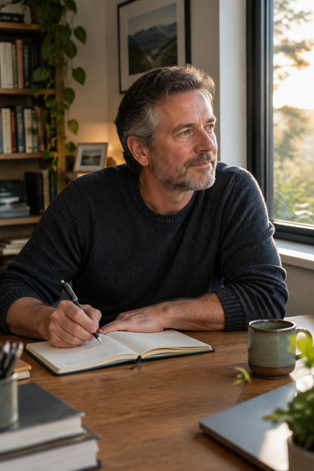 White man journaling at window, quiet afternoon