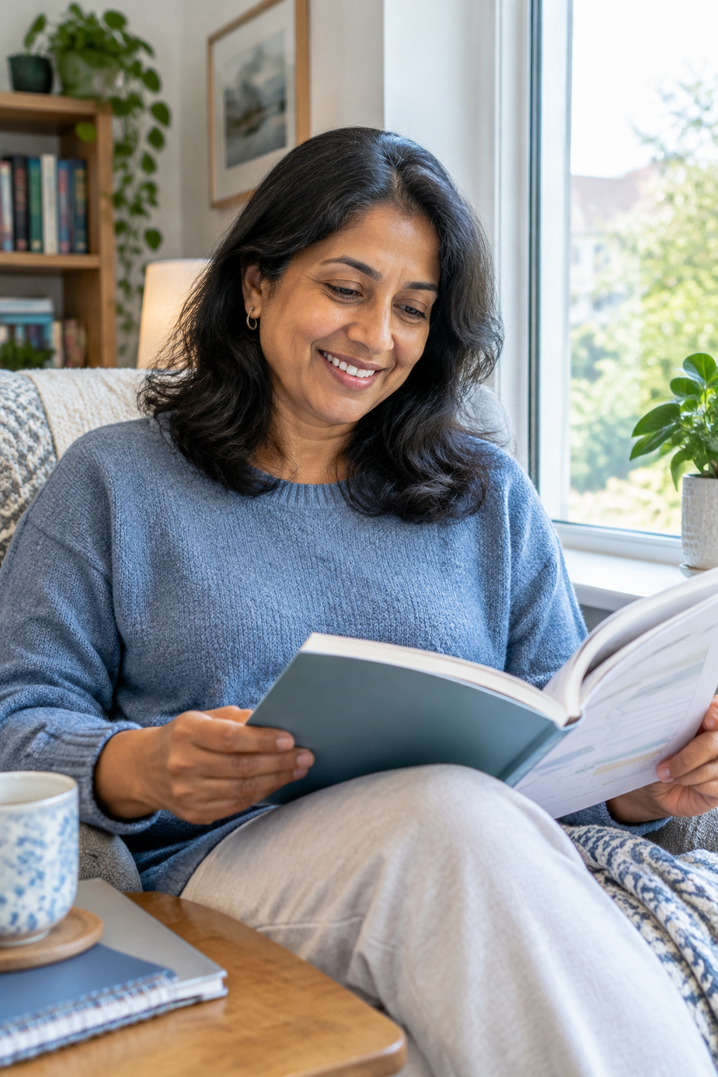 South Asian woman at window reading workbook, warm smile