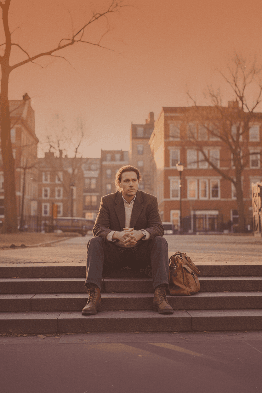 Working Through the Breakup — lone figure on steps, terracotta and mauve