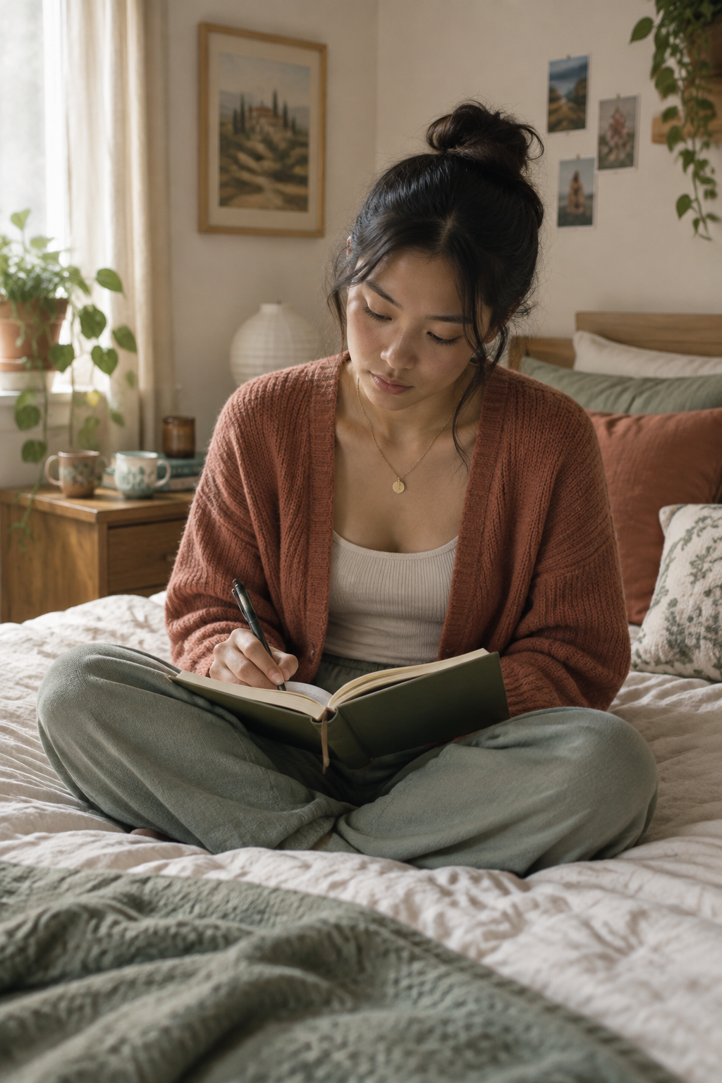Young Asian mother journaling quietly on her bed during a rare quiet moment
