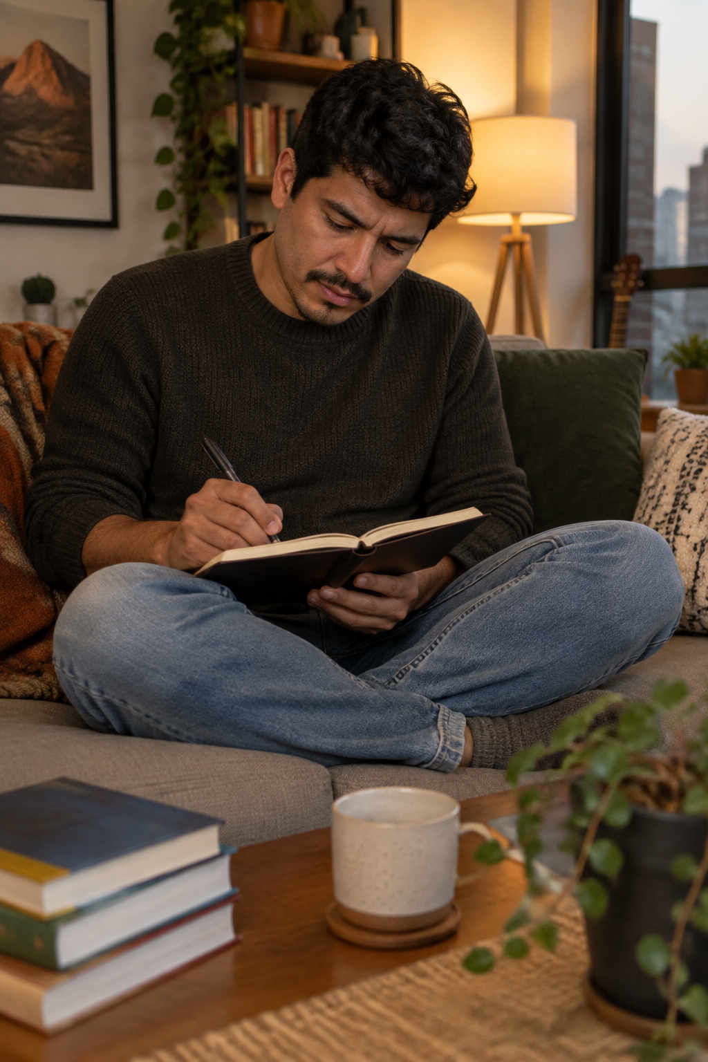 Latino man journaling on couch, focused and intentional