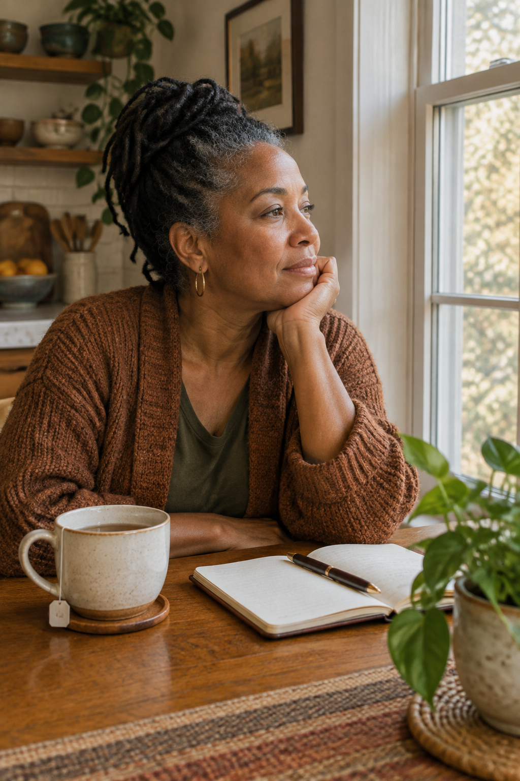 Black woman with tea and journal, morning light