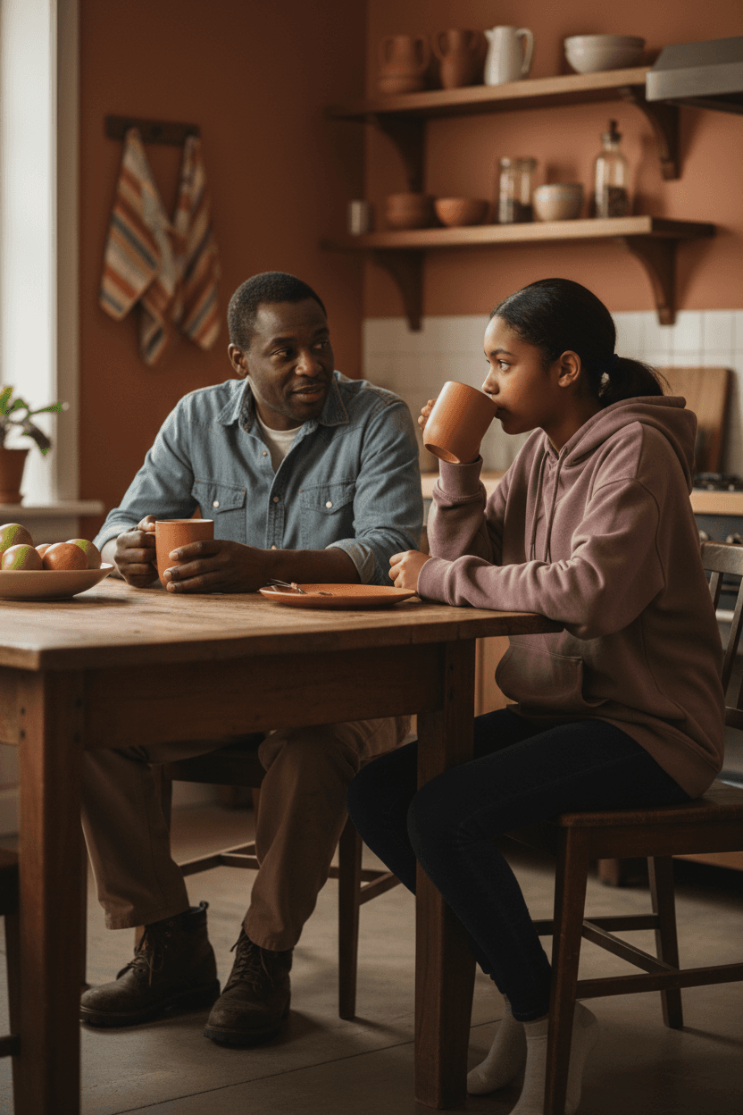 Black father in work clothes having honest kitchen conversation with teenage daughter