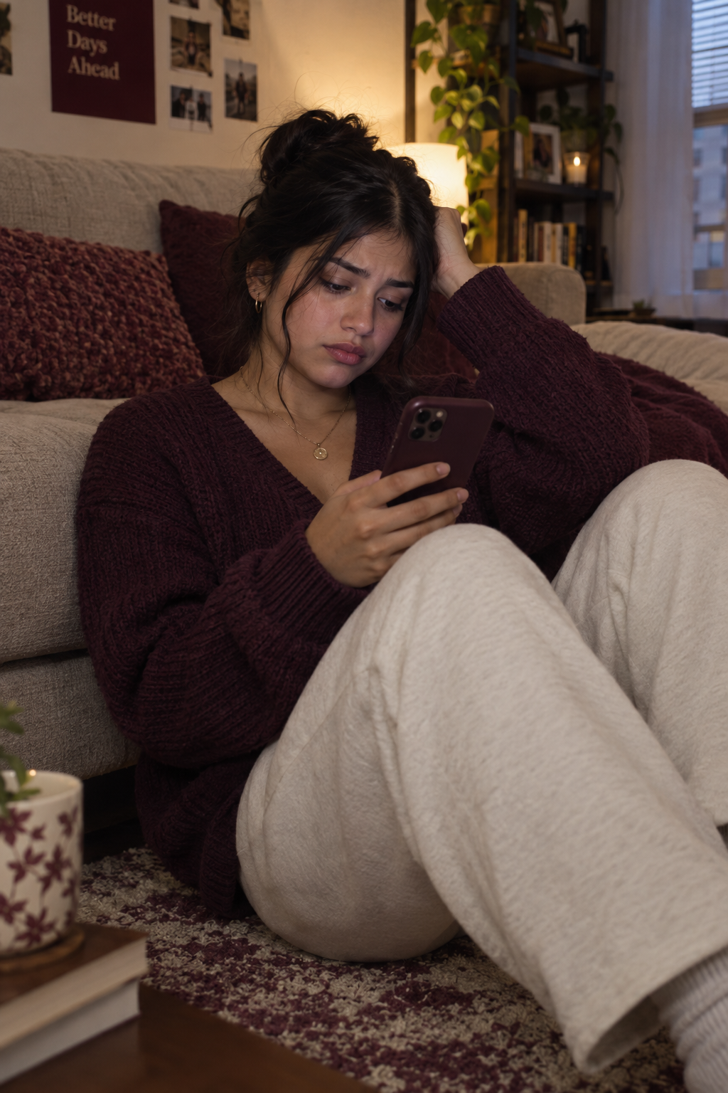 Young Latina woman sitting on apartment floor looking at her phone, self-reflective