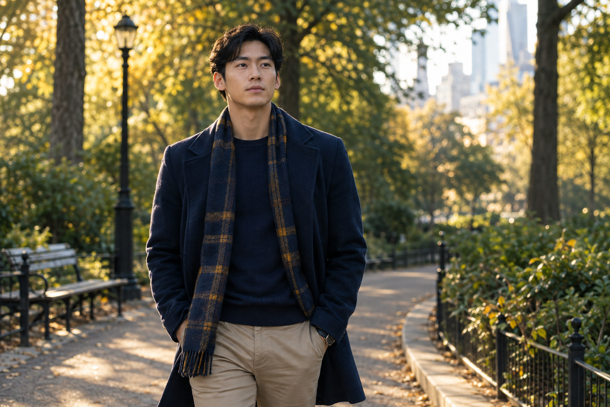 Young Asian man walking through a city park path, calm and forward-facing