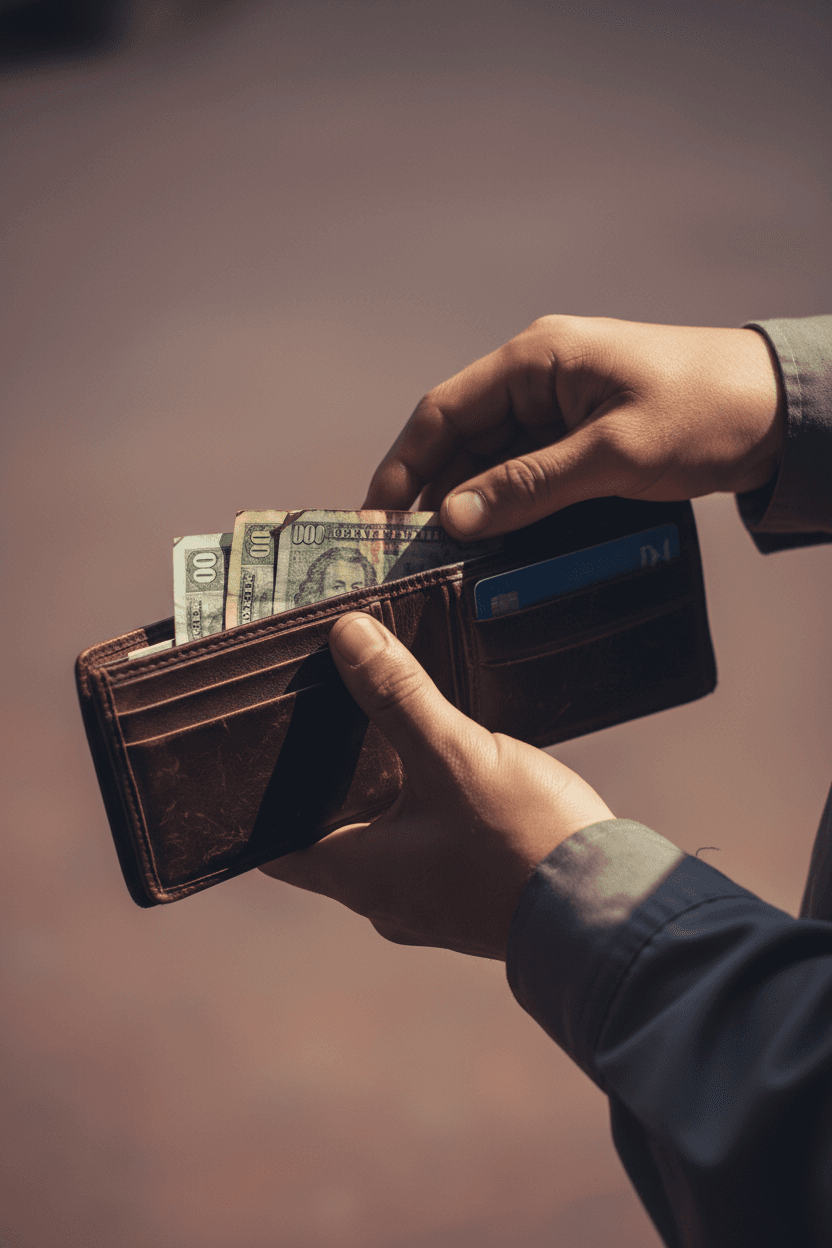 Hands in work uniform holding open wallet with debit card and bills