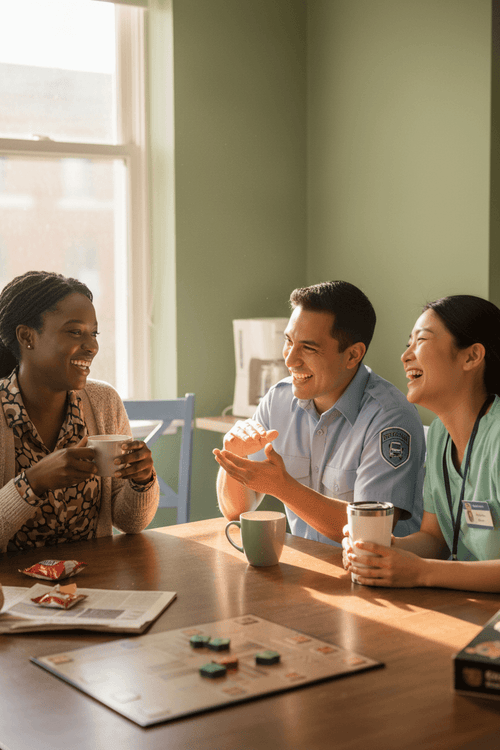 Three diverse everyday workers laughing together at a break room table