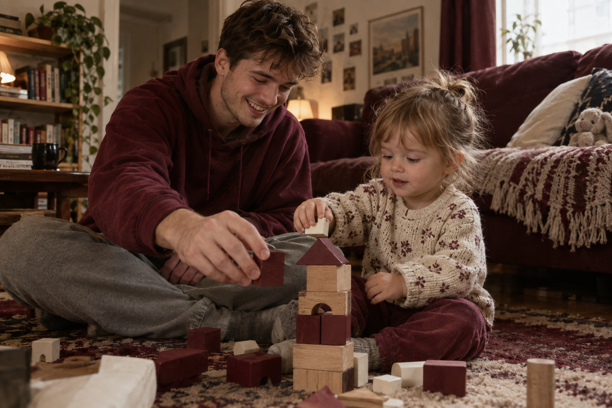 Young white father sitting on floor playing blocks with his toddler, fully engaged