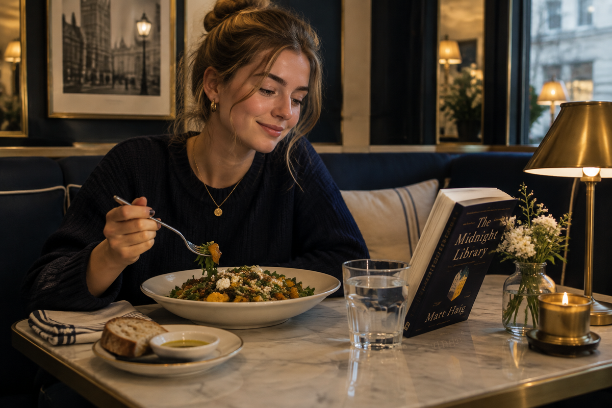 Young white woman dining alone at a cafe, reading a book, comfortable and unbothered