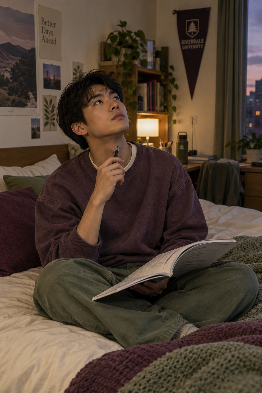 Young Asian man sitting on his bed with a workbook, staring at the ceiling in thought