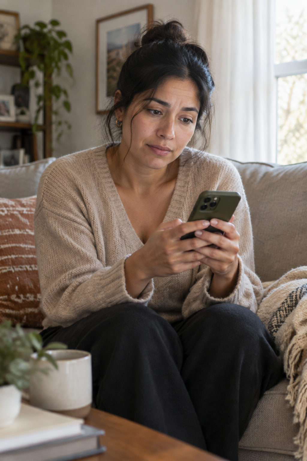 Latina woman on couch hesitating on her phone